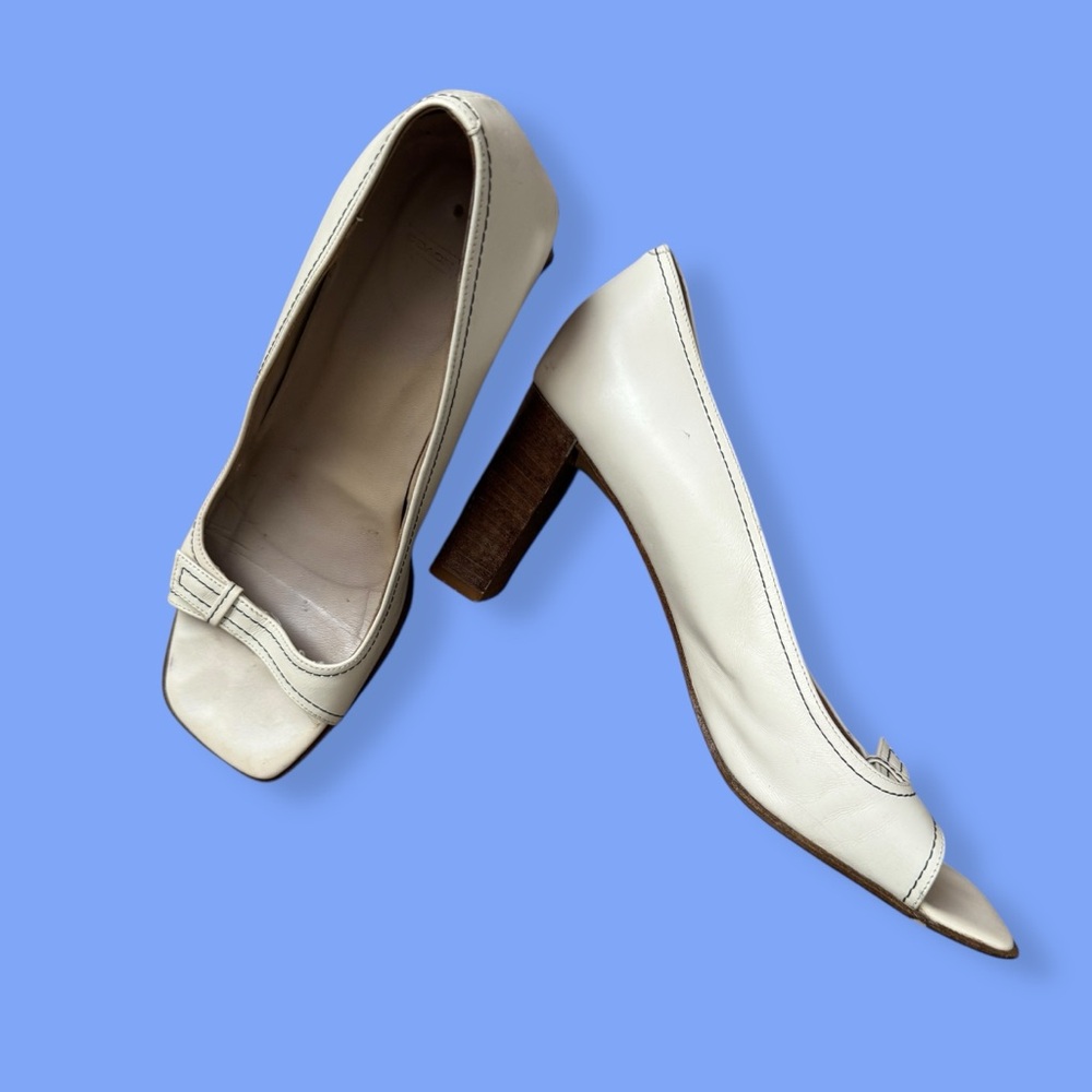 Women’s Coach Melinda Cream Leather Open Toe Pump Vintage Designer Heel Size 9B